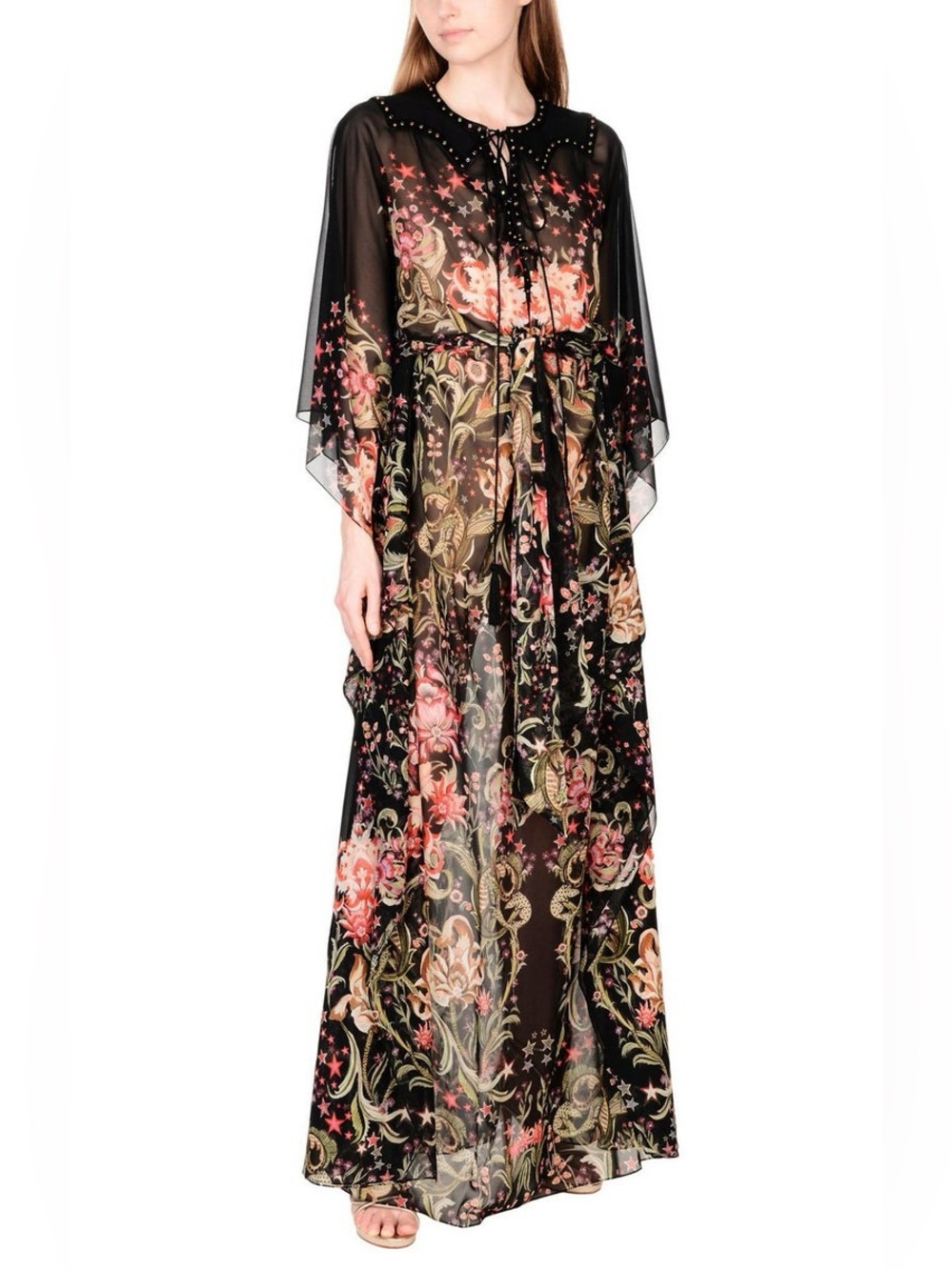 Roberto Cavalli 100% Silk Rhinestone Stud Floral Star Print Sheer Caftan O/S